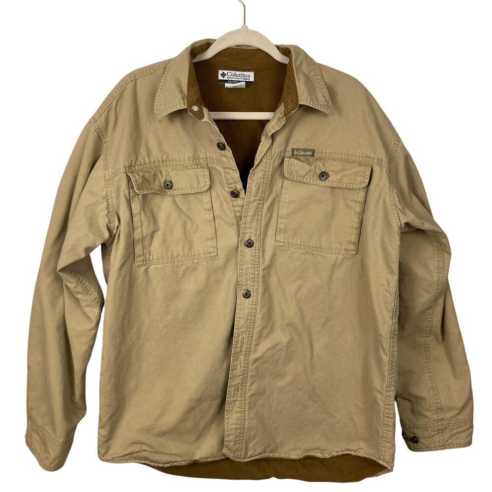 Columbia Mens Tan Canvas Fleece Lined Jacket M FLAW Shacket Chore Ranch Workwear